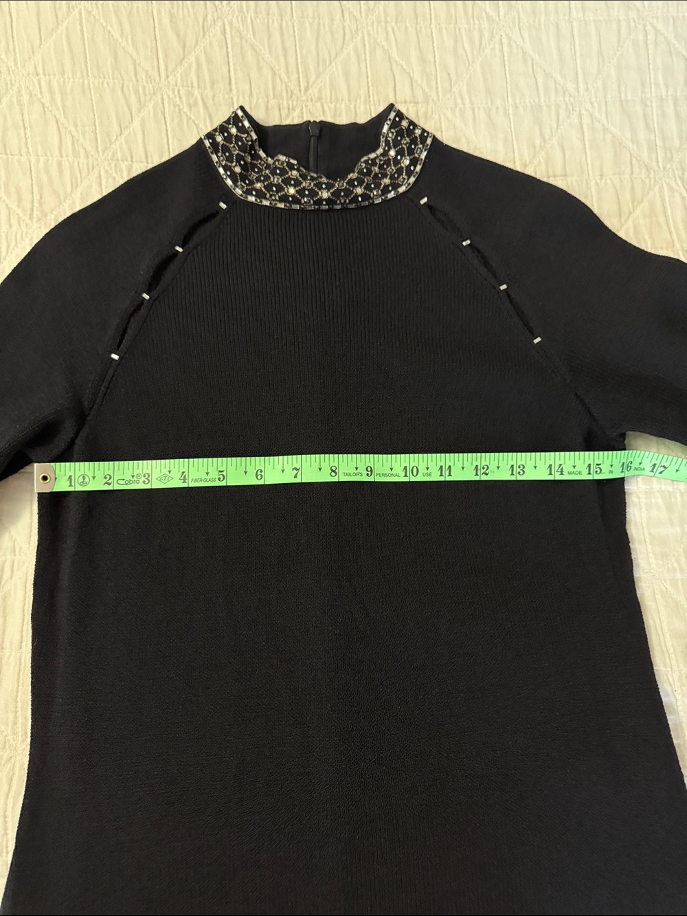 St. John Black Long-Sleeve Knit Dress with Jeweled Collar and Sleeves -Size 8 - Picture 9 of 11